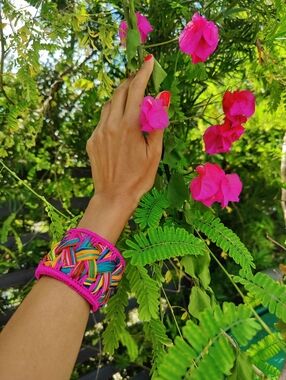 Handwoven Multicolor Women's Cuff Bracelet - Vibrant Hot Pink Trim